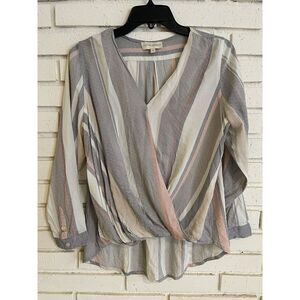 Cynthia Rowley Top Women Medium Gray Pink Striped Faux Wrap hi low Casual Layers